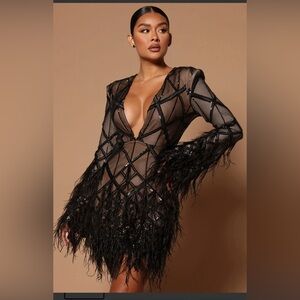 Amber Deep V Embellished Feather Trim Mini Dress
- Black